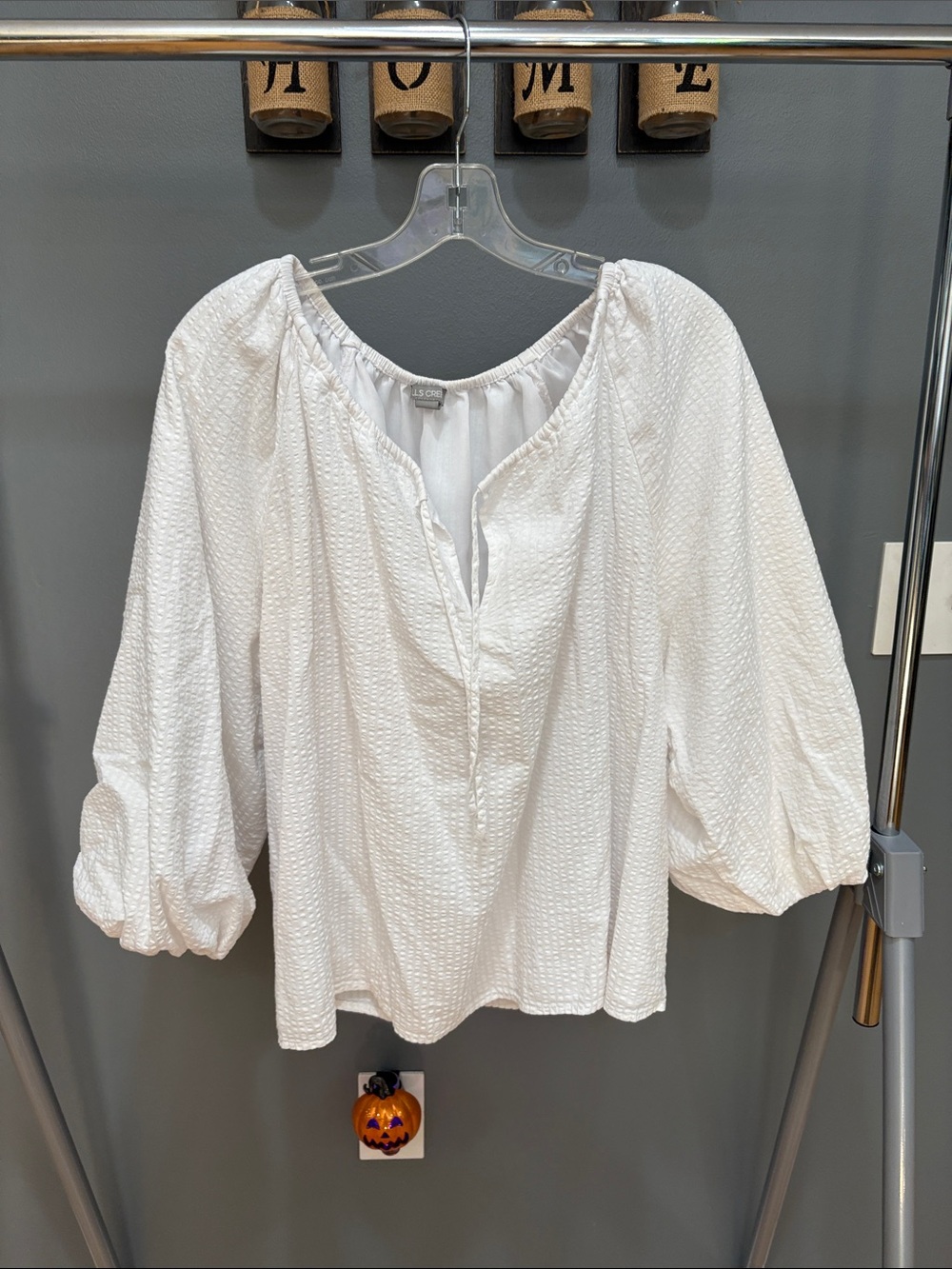 Women's White Textured Peasant Blouse - Lightweight Puff Sleeve Top